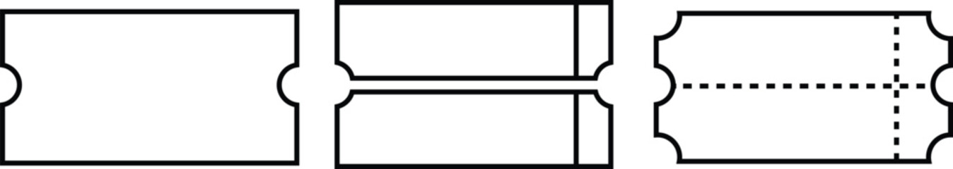 Three black and white graphic representations of ticket shapes coupon voucher