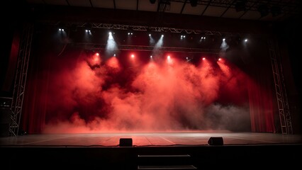 Dramatic dark stage with red fog. spotlights. Eerie spooky atmosphere. Perfect background concert.