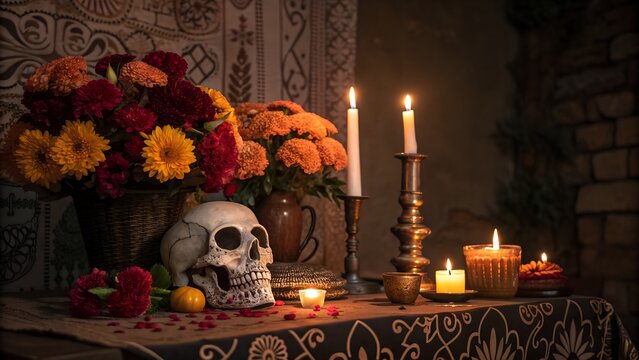 Dark moody baroque background with skull. flowers. candles and ornaments for Halloween. Day of the