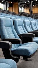 Comfortable blue theater seats arranged in a modern auditorium ready for an event or film screening