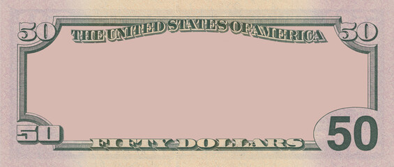 Blank guilloche note. Game US 50 dollars bill. Frame sample, modern paper game money of United States of America. Empty. Reverse of banknote denomination fifty. Template of illustration