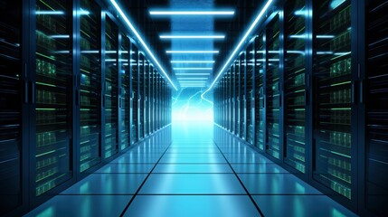 Futuristic Data Center Aisle Illuminated by Bright Blue Neon Lights