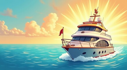 Cartoon of a boat sailing in the ocean at sunset