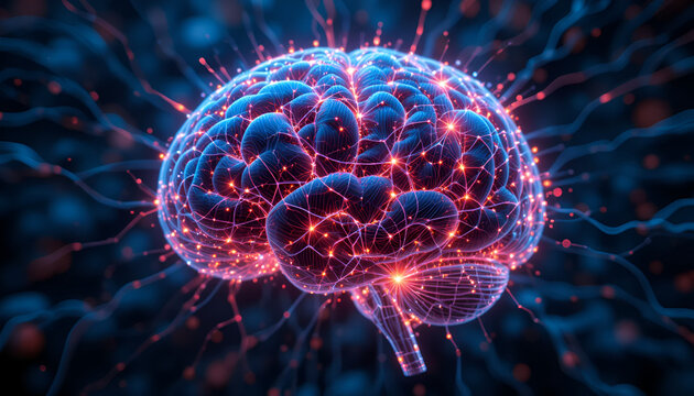 Brilliant human brain with neural network connections glowing, representing advanced technology, innovation, intelligence, and neuroscience breakthroughs