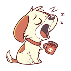 Cartoon Dog Yawning with Tiny Coffee Cup Illustration