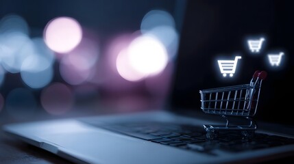 Online shopping concept with miniature shopping cart on laptop digital icons and bokeh lights