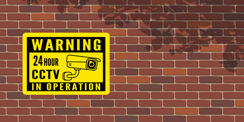 cctv in operation video surveillance yellow sign on brick wall vector illustration