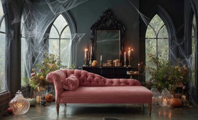 A gothic-style living room decorated for halloween.