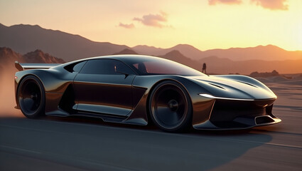 Sleek modern supercar with aerodynamic design positioned on asphalt during golden hour sunset with majestic mountain silhouettes creating dramatic automotive photography with warm atmospheric lighting