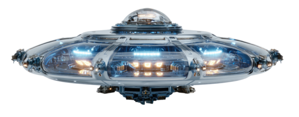 Futuristic, gray-white, disc-shaped spacecraft with glowing lights and transparent sections