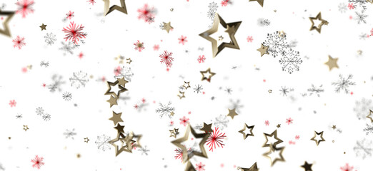 Festive abstract background featuring gold stars and snowflakes on a white backdrop, perfect for holiday designs, seasonal greetings, and winter