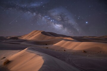 Vast desert sand dunes illuminated by the soft glow of the milky way galaxy under a clear night sky
