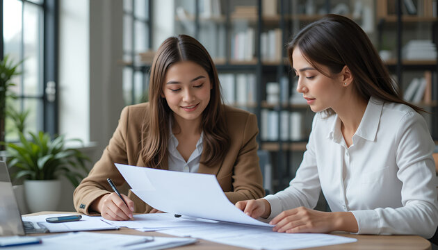 Two confident businesswomen collaborating on documents at a modern office desk, reviewing paperwork and planning strategy for future growth and success