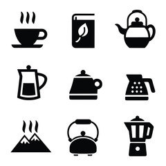 Black icons of hot beverage cup book kettle mountains blender collection