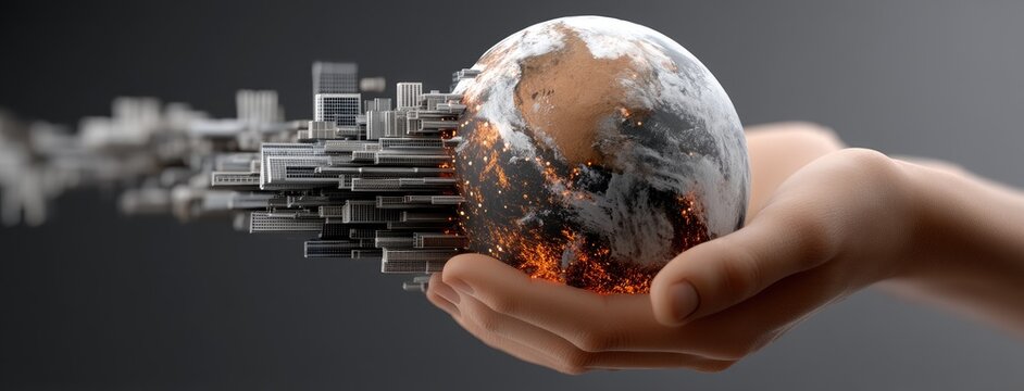 Innovative business professional demonstrates technology with a digital globe in hands, showcasing global connections in a modern office setting