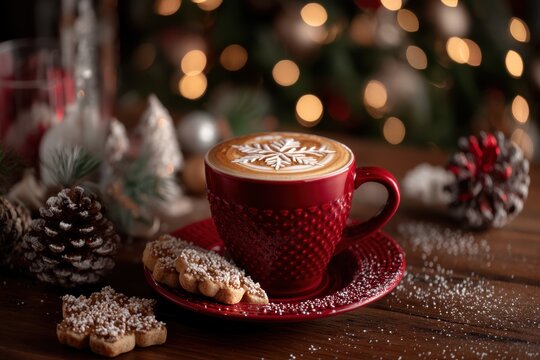 A festive red cup of coffee with a snowflake design sits on a saucer beside holiday cookies, pinecones, and Christmas decorations - Powered by Adobe
