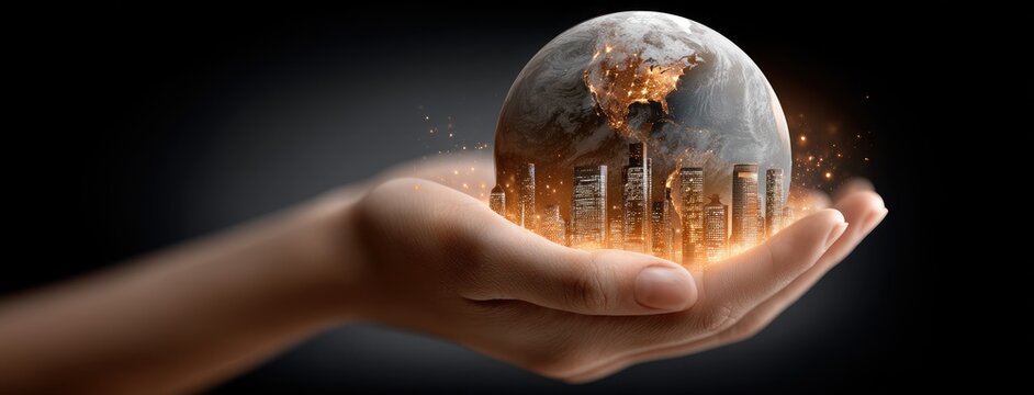 Innovative business professional demonstrates technology with a digital globe in hands, showcasing global connections in a modern office setting