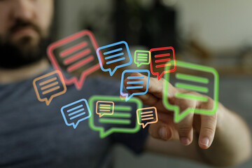 Conceptual image of a person interacting with glowing message icons, representing digital communication and connection in the modern era.