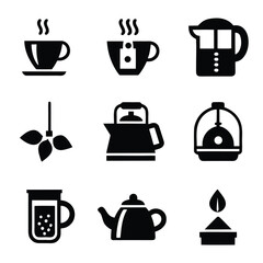 Black icons of hot beverages tea coffee and brewing equipment drink