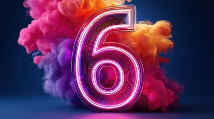 A vibrant neon number six stands out against a colorful cloud of smoke with a dark blue background