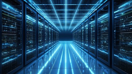 Modern Digital Data Center Server Room with Blue Lights