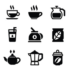 Black icons of hot drinks coffee tea and cold drinks with straws vector