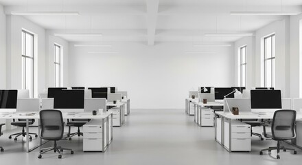 Modern, minimalist white office space featuring clean desks, high-tech computers, and ergonomic chairs