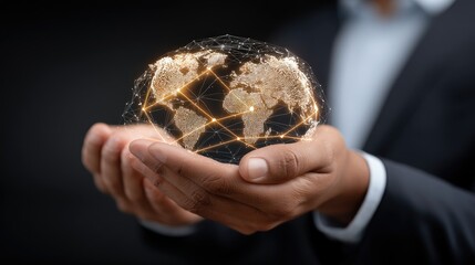 Global connectivity represented by a person holding a glowing networked globe showcasing international links and relationships in a professional setting