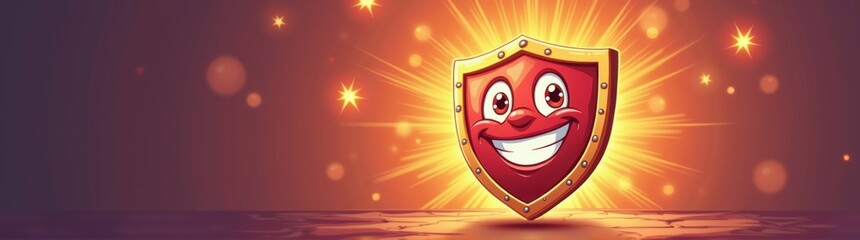 Cartoon shield with a smiling face and a star burst