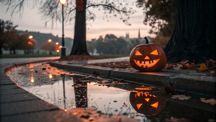 Scary evil jack-o-lantern glowing lit pumpkin face water reflection pool edge outdoor bokeh orange