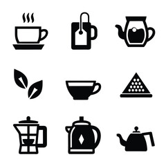 Black icons of tea cup teapot kettle tea leaves and tea bag on white background steam beverage