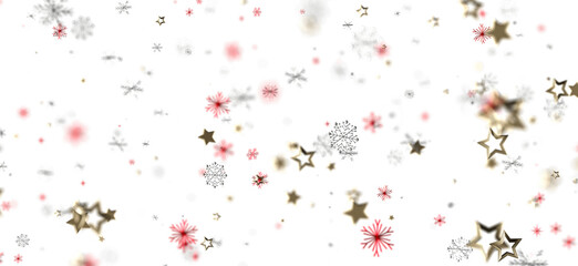 Festive Christmas background with falling snowflakes and stars on white backdrop. Perfect for holiday designs, winter themes, and seasonal greet