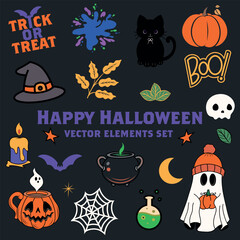 Happy Halloween vector elements set &ndash; pumpkins, bats, ghosts, spooky clipart. Autumn illustration