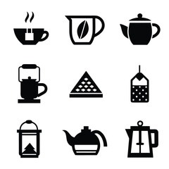 Collection of black icons for tea and coffee brewing and serving teapot kettle