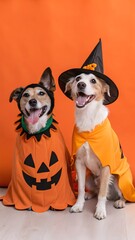 Two dogs dressed up in Halloween costumes in front of an orange background. The dog on the left is