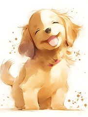 A smiling, seated puppy with a pink collar and its tongue sticking out is the subject of the image. The background is simple with watercolor-style paint splatters.