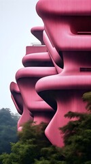 A modern building with an unusual, organic form and a pinkish-red exterior is shown against a cloudy sky and green foliage. Architectural details are highlighted.