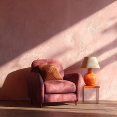 A plush, rose-colored armchair with an orange cushion sits next to an orange lamp on a small table. A textured pink wall serves as the backdrop.