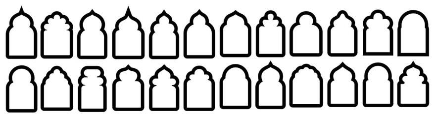 Islamic Arch Outline Icons Set – Arabic, Mughal, Moroccan, Indian, and Middle Eastern Architectural Window Frames