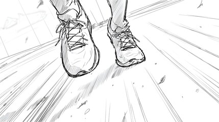 Two feet in sneakers are depicted from a low-angle perspective. The image is comprised of black lines on a white background.