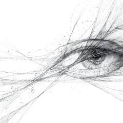 A detailed drawing features a human eye with intricate line work. Lines extend outwards, creating a dynamic composition against a white background.