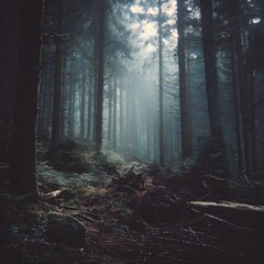 A dark, dense forest scene features tall trees illuminated by a diffused, ethereal light. The forest floor is covered with fallen branches and foliage.