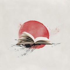 An open book rests atop a black smudge, against a backdrop of a red circle and white background, with paint splatters. The image is minimalistic.
