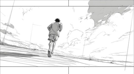 A person is depicted running away from the viewer with a blurred background. The image presents a monochromatic sketch, and the clouds are lightly drawn.
