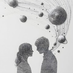 A couple's silhouettes, formed of concentric lines, face each other. Planets and celestial bodies are artfully arranged in a white space.
