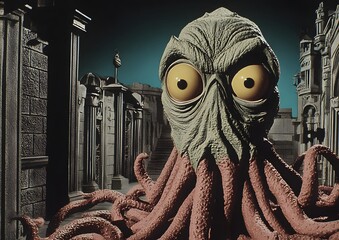 An enormous creature with large yellow eyes and tentacles emerges from a gothic architectural background. The image features a dark teal sky, stone columns, and stairs.