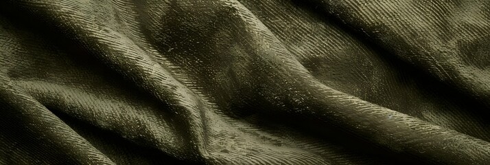 A close-up shows a textured fabric with undulating folds and a subtle, ridged pattern. The fabric displays varied tones of olive green. Light reflects from the surface.