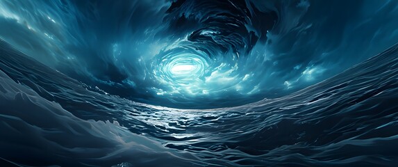 A swirling, abstract landscape depicts a vast ocean under a dark, stormy sky.  A bright vortex of light pierces the dramatic, cloud-filled heavens.