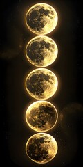The image depicts a vertical composition showcasing five illuminated, glowing moons arranged sequentially against a dark, star-speckled background. The spheres have craters.