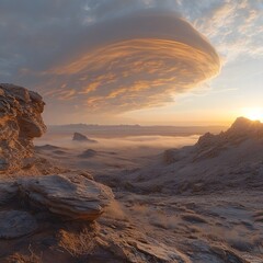 The image depicts a vast, rocky landscape under a dramatic sky, with a lenticular cloud formation illuminated by the setting sun. Mountains and fog populate the horizon.